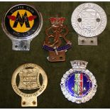 Five various members badges; Beverley & District Motor Club, The Merchant Navy & Airlines Officers