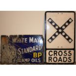 A painted cross roads sign, 54 x 31 cm, and a double sided advertising sign for White May Royal
