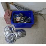 An auto jumbler's lot, to include various dials, hub caps and a petrol can.