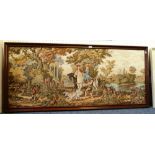 A large tapestry of couple on horseback with hounds by a lake with castle in background,