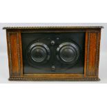 A three valve table top radio, probably by Graves, in beaded wooden case with hinged lid, 42cm