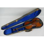 A German violin for restoration, with 35.5cm two-piece maple back and pine belly, 58cm overall, in