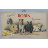 A cardboard wall hanging advertising sign for "Ogdens Robin Cigarettes", depicting five various dogs