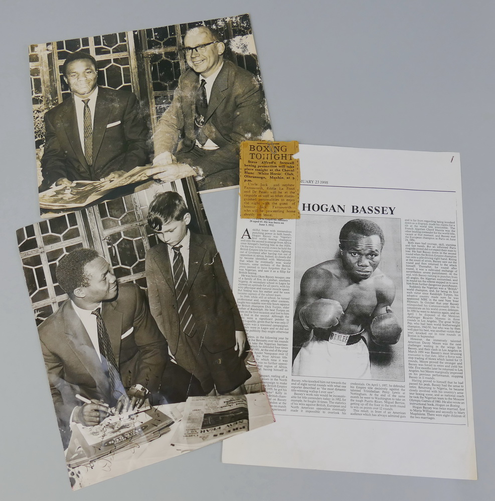 Boxing - Hogan Bassey, signed photograph dated 1958, another photograph and quantity of paperwork