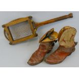 A pair of Acme Boot company cowboys leather boots, with fitted leather and steel spurs and a