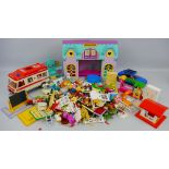 A quantity of Playmobil figures, vehicles and accessories and a folding plastic pet centre