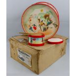 An Italian Batteria Jazz Band Drum Kit, the tin-plate base drum decorated with dancing scenes to