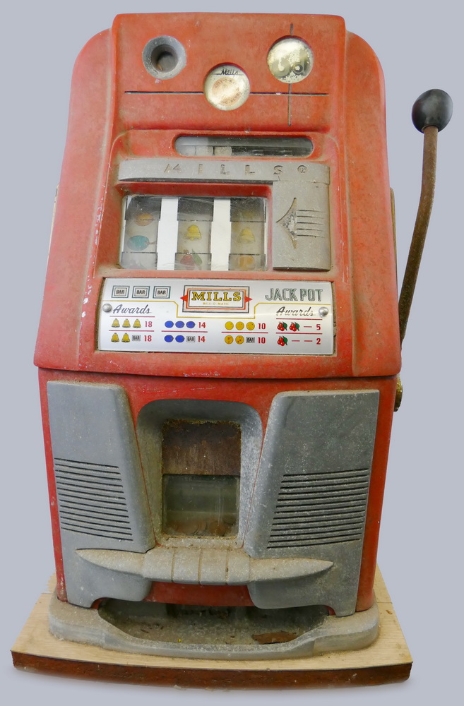 A Mills Bell-o-Matic arcade fruit machine, in aluminium and red painted case with formica type sides - Image 2 of 3