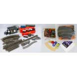 A quantity of Scalextric including two cars, track and accessories, a quantity of Minic Motorways