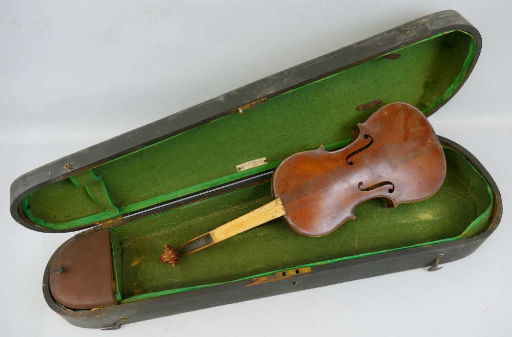 A German violin for restoration, with 35.5cm two-piece maple back and pine belly 59cm overall, in