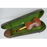 A German violin for restoration, with 35.5cm two-piece maple back and pine belly 59cm overall, in