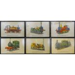 A set of six colour prints of railway locomotives, entitled "Earl of Merioneth", "Rocket", "