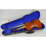 A German violin for restoration, with 36cm two-piece maple back and pine belly, bears label "