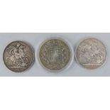 Victoria (1853 - 1901), silver bun head crown, 1845, G and two 1891 crowns, one F the other G (3).