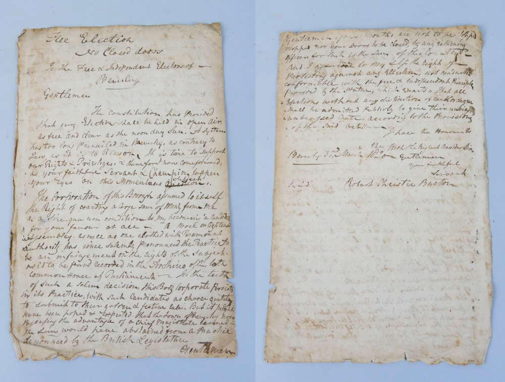 An early 19th century manuscript address to the electors of Beverley, by the Tory candidate Robert
