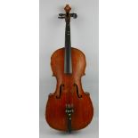 A German half-size cello for restoration, with 61.5cm two-piece maple back and pine belly, 101cm