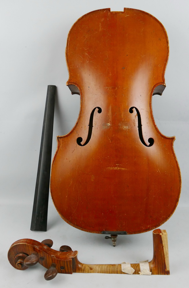 A German three-quarter size cello for restoration, with 69.5cm two-piece maple back and pine belly