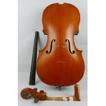 A German three-quarter size cello for restoration, with 69.5cm two-piece maple back and pine belly