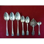 A George III silver set of three 'Old English' pattern dessert spoons, London 1811 and four other