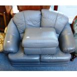 Modern grey leather upholstered two-seater settee with matching footstool (2)