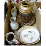 A Denby ware vase and matching dish together with Denby ware jugs, vase, plate and bowl