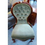 Re-upholstered Victorian mahogany framed balloon back nursing chair, with cabriole legs