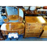 Art Deco walnut five-drawer chest and matching knee-hole triple mirror dressing table with