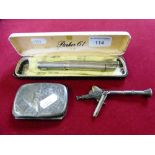 A silver fountain pen, Birmingham 1942 with a 14ct gold nib, a silver cigarette case and other