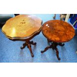 Walnut pedestal occasional table with random segmented top and carved quatrefoil base and another