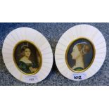 A pair of 19th century style ivorine mounted portrait miniatures of ladies