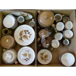 Two boxes of Denby brown patterned dinner and coffee ware.