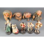 4 Continental carved wooden figures of trolls 8" and 5 fabric figures 6 1/2"