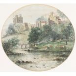 Edwardian watercolour, riverside scene with cattle and distant castle, circular, unsigned 6 1/2"