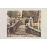 20th Century coloured etching of a European street scene, signed in pencil 9" x 11"