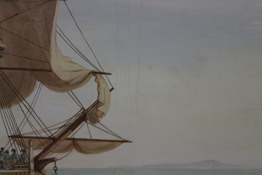 Mapley 1983, oil on board, signed and dated, Man of War and other vessels off a cliff coast 48" x 77 - Image 6 of 7