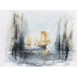 Denis Maile, watercolour, signed, Viking ships and long ships leaving a fjord 21" x 28"