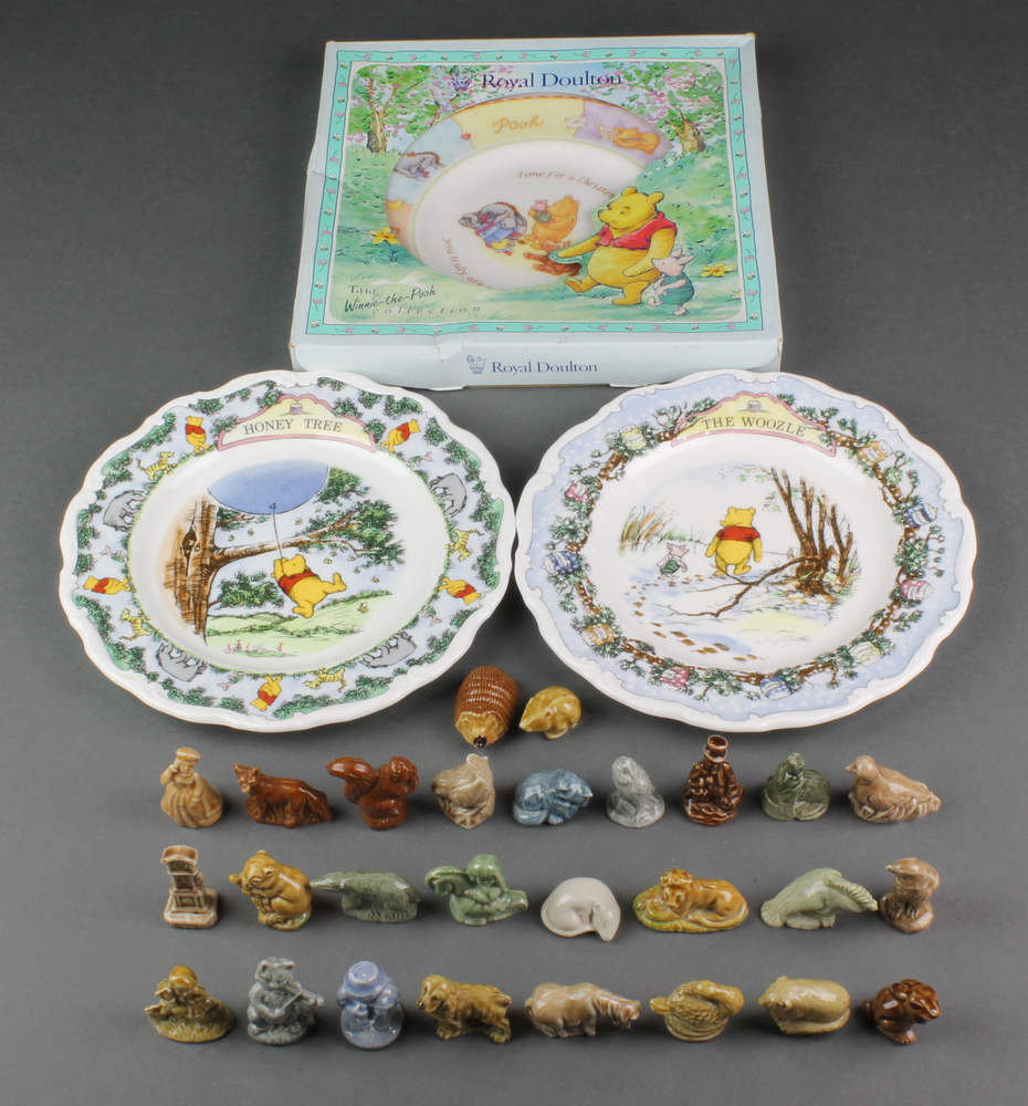 A collection of Wade Whimsies and 3 collectors wall plates