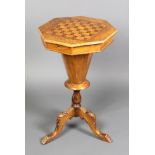 A Victorian inlaid mahogany work table of conical form, the lid inlaid a chessboard, raised on a