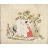 A 19th Century woolwork panel of figures before a house 8" x 9 1/2