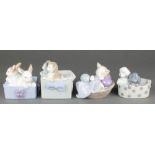 A Nao group of 2 kittens in a box 4", ditto of a cat in a basket 5", a ditto of 2 rabbits in a box