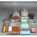 A silver plated 4 bottle cruet and minor plated items, etc