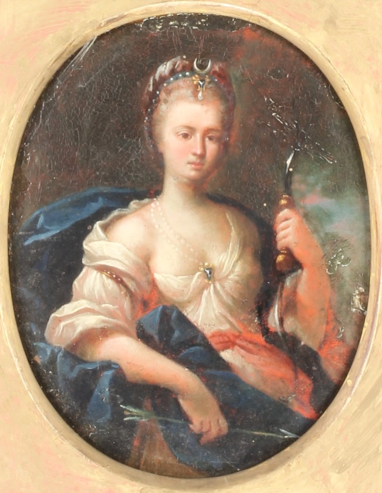 An 18th Century oil on panel, study of Diana, contained in a fancy gilt wood frame, oval, 7 1/2" x - Image 2 of 2