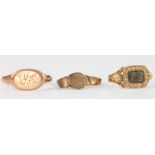 A gentleman's 9ct gold signet ring size V, a 9ct ditto (mis shapen) and a mourning ring size M