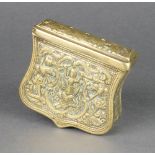 An Indian shield shaped brass box with repousse decoration, the hinged lid having 3 holes, 4"