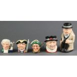 5 Royal Doulton character jugs - Sir Winston Churchill seated 5 1/2", Beefeater D6233 3" and 3