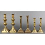 A pair of Victorian brass candlesticks 10" (both with old solder repairs), a pair of Adams style
