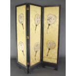 An ebonised 3 fold dressing screen with yellow silk panels decorated 6 fans, painted birds 66"h x 54