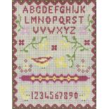 A modern sampler with alphabet, birds and flowers 10 1/2" x 8"