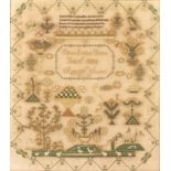 A 19th Century sampler with verse on a field of flowers, trees, ships and birds with figures