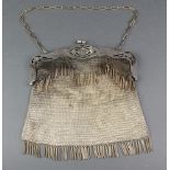 A white metal mesh purse with pierced clasp, stamped Alpaca on a ditto chain